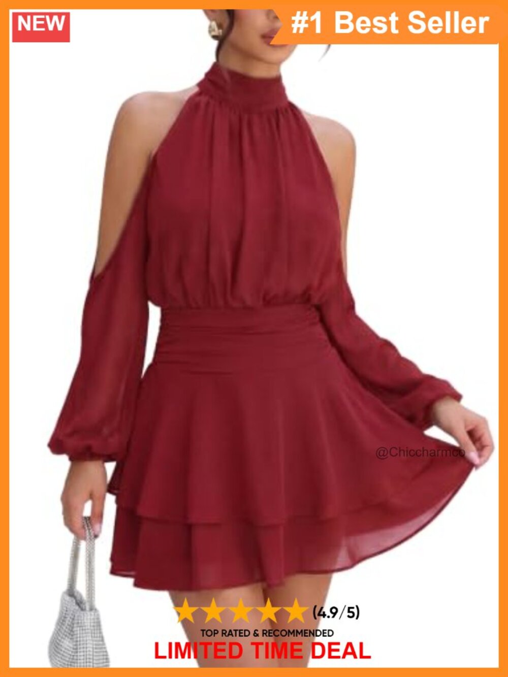 Chiffon Halter Mini Dress Cold Shoulder Long Sleeve Ruched Waist